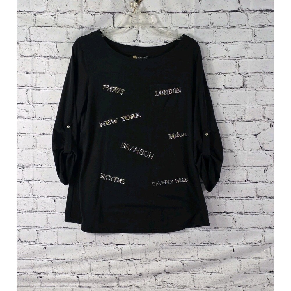 Christine Alexander Women's Large Black V-Neck Embroidered Shirt
